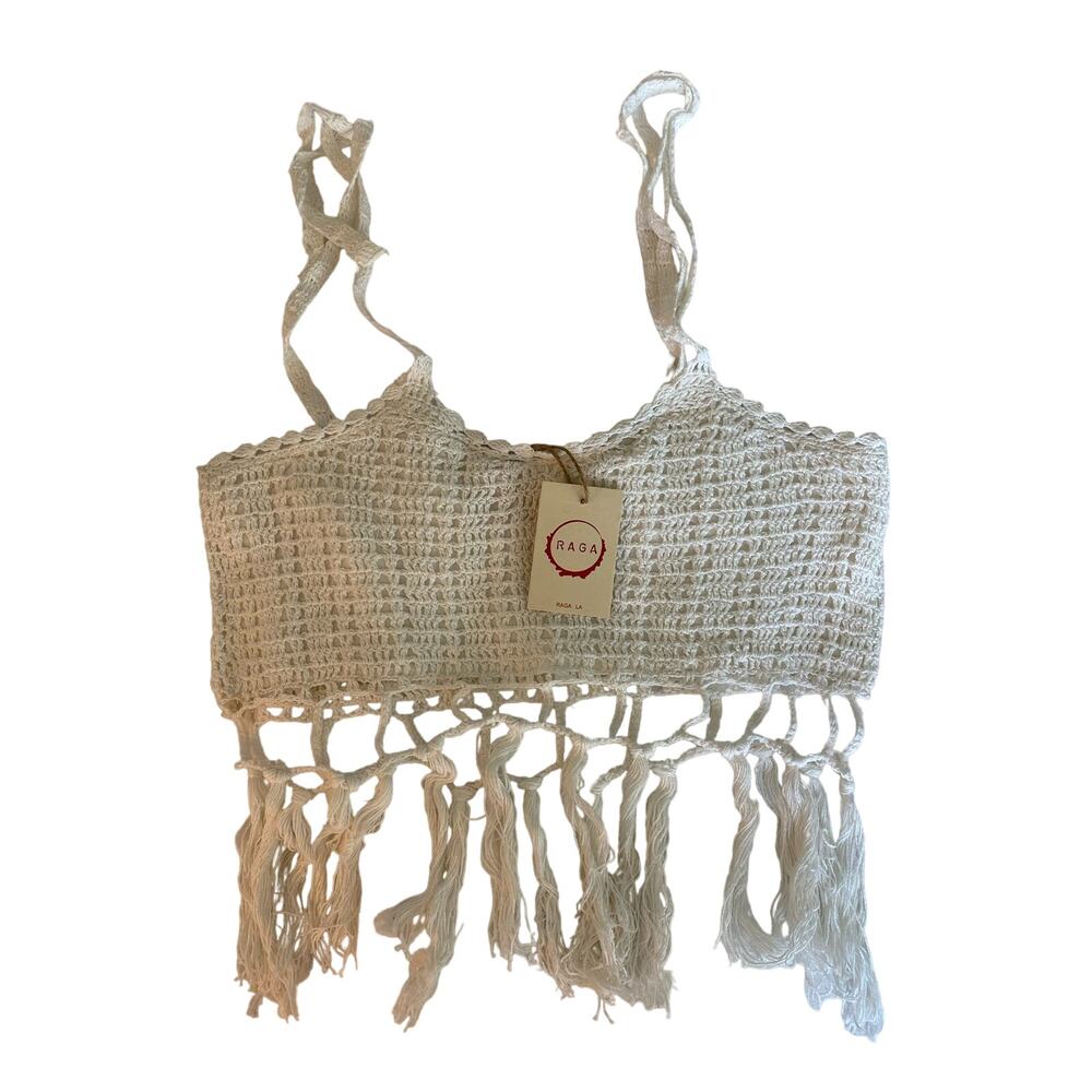 RAGA White Crocheted Tassel Crop Top Sz S